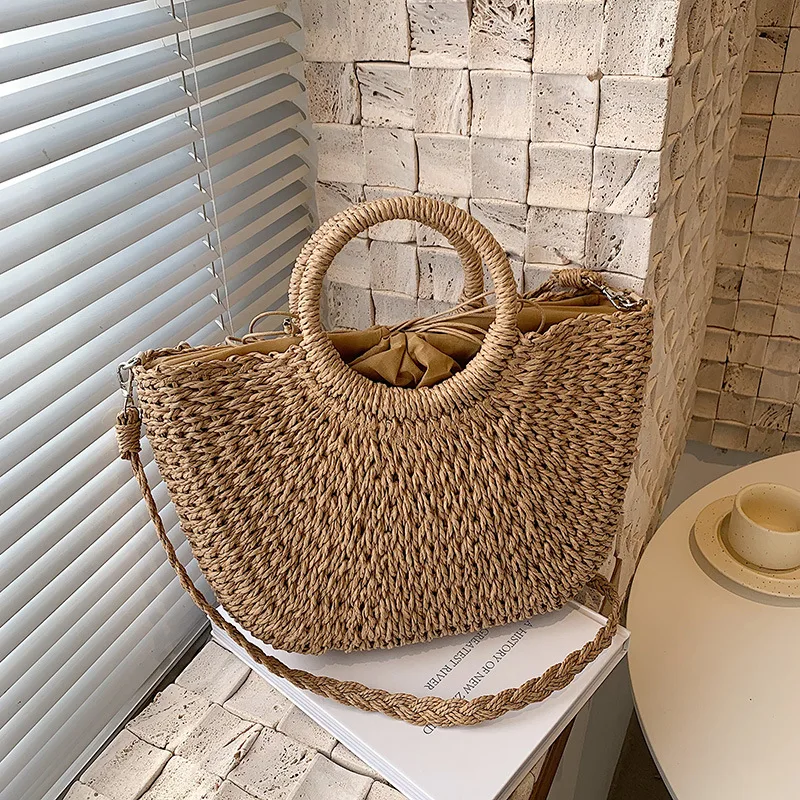 Straw Woven Handbags For Women Handmade Travel Seaside Beach Bag Summer New Handle Bucket Bag