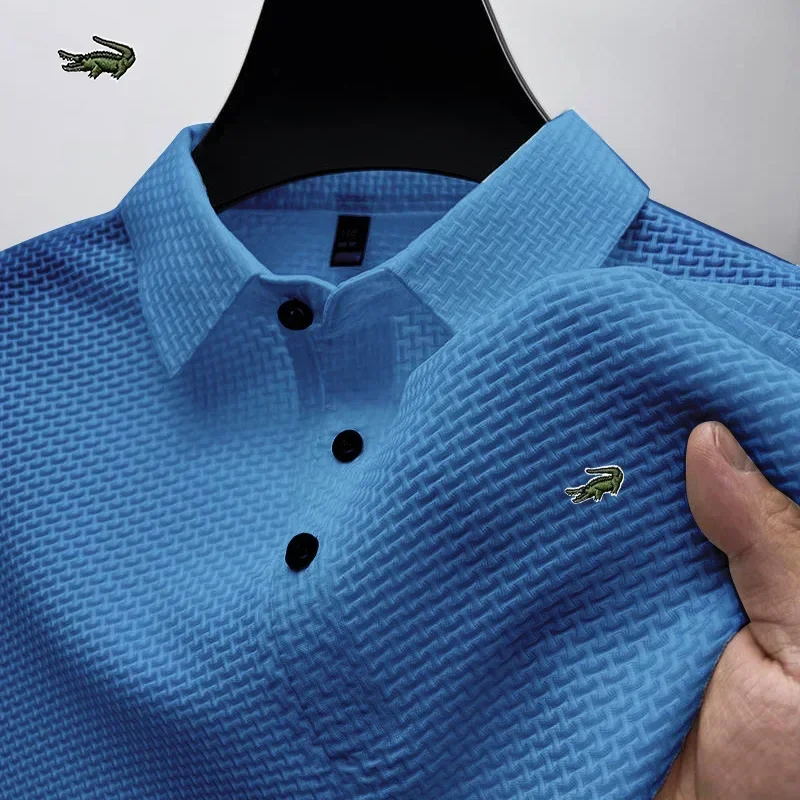 2024 High end Mesh Ice Silk Short Sleeved T-shirt for Men's Shirt Collar Summer Business Casual New