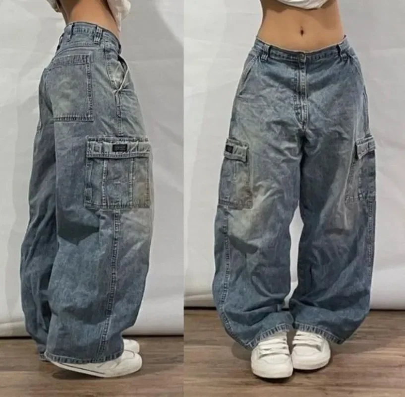 2024 New Harajuku Casual Loose Multi Pocket Washed Jeans Women Y2K Street Popular Hip Hop Straight