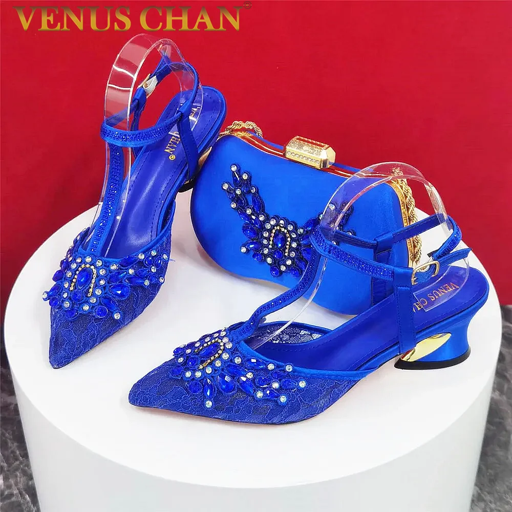 New Arrival Fashion Shoes Matching Bag Set Royal Blue Color Decorated With Crystal Ladies Wedding
