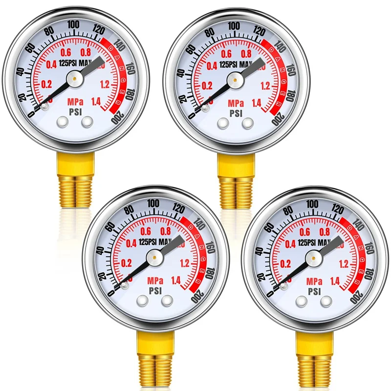 4Pcs 0-200 Psi Air Pressure Gauge 1/8In Male NPT Connection Air Gauge Lower Side Mount 1.57In Dial