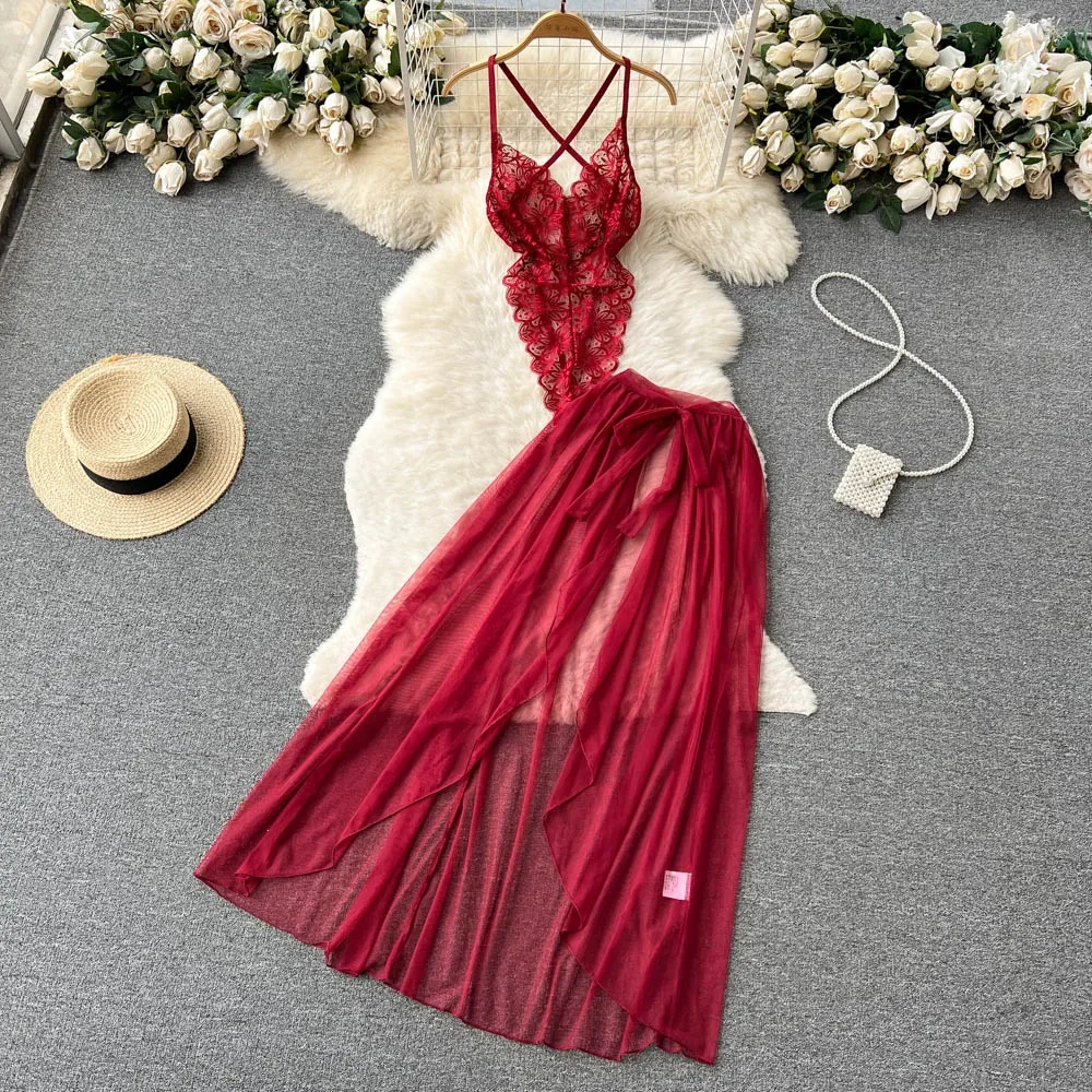 Women's Multicolour Transpar Sexy Charming Flowing Mesh Long Skirt With Girls V-neck Lace Hollowed