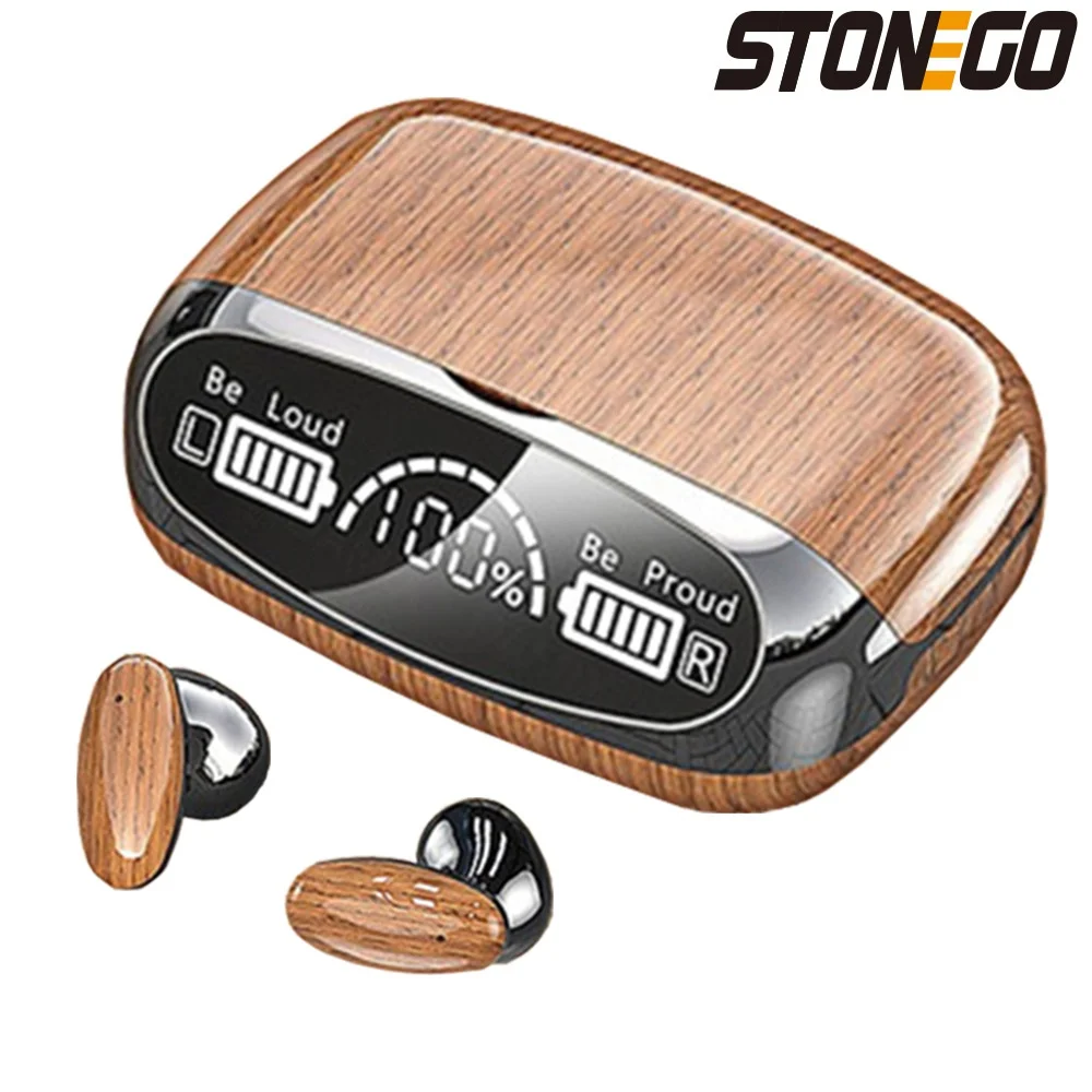 STONEGO TWS Wireless Bluetooth 5.2 Wood Grain Sport Headphones HD Mirror LED Display Touch Stereo