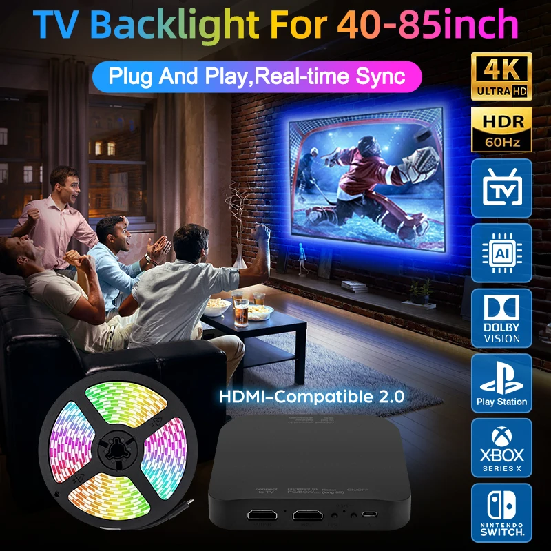 TV Ambient Backlight For 40-85Inch Color Real-Time Sync LED Light Strip For 4K HDMI-Compatible 2.0