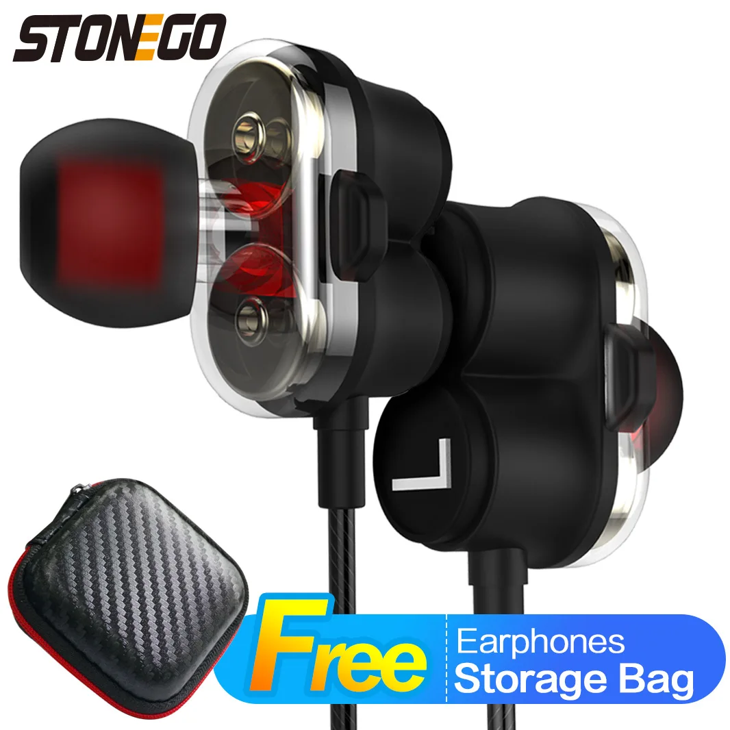 STONEGO Dual Driver In-Ear Earbuds Earphones Sports Dynamic Headphones Hands-Free Microphone Extra