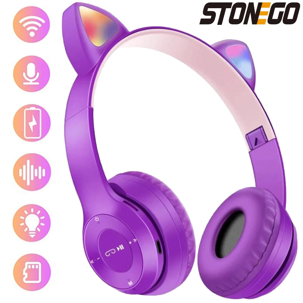 STONEGO Cute Cat Ears Bluetooth 5.0 Wireless Headphone With Mic Foldable Sport Stereo Bluetooth