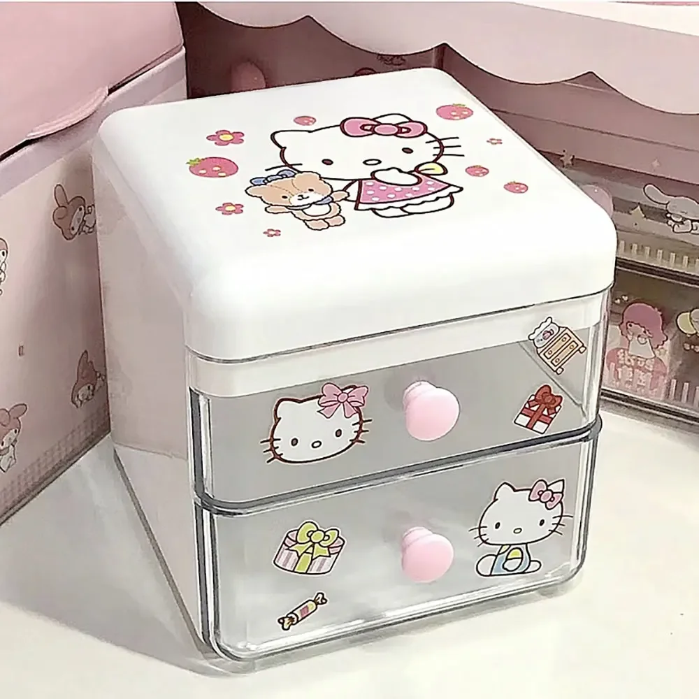 Mini Hello Kitty Organizer Anime Sanrio Cartoon Kuromi Cinnamoroll Double Layer Jewelry Organizer