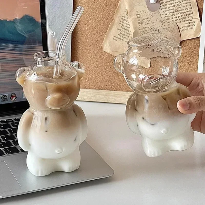 Cartoon Bear Shaped Coffee Mug Cute Bear Mug Glass Cup with Straw Glasses Cup Birthday Christmas