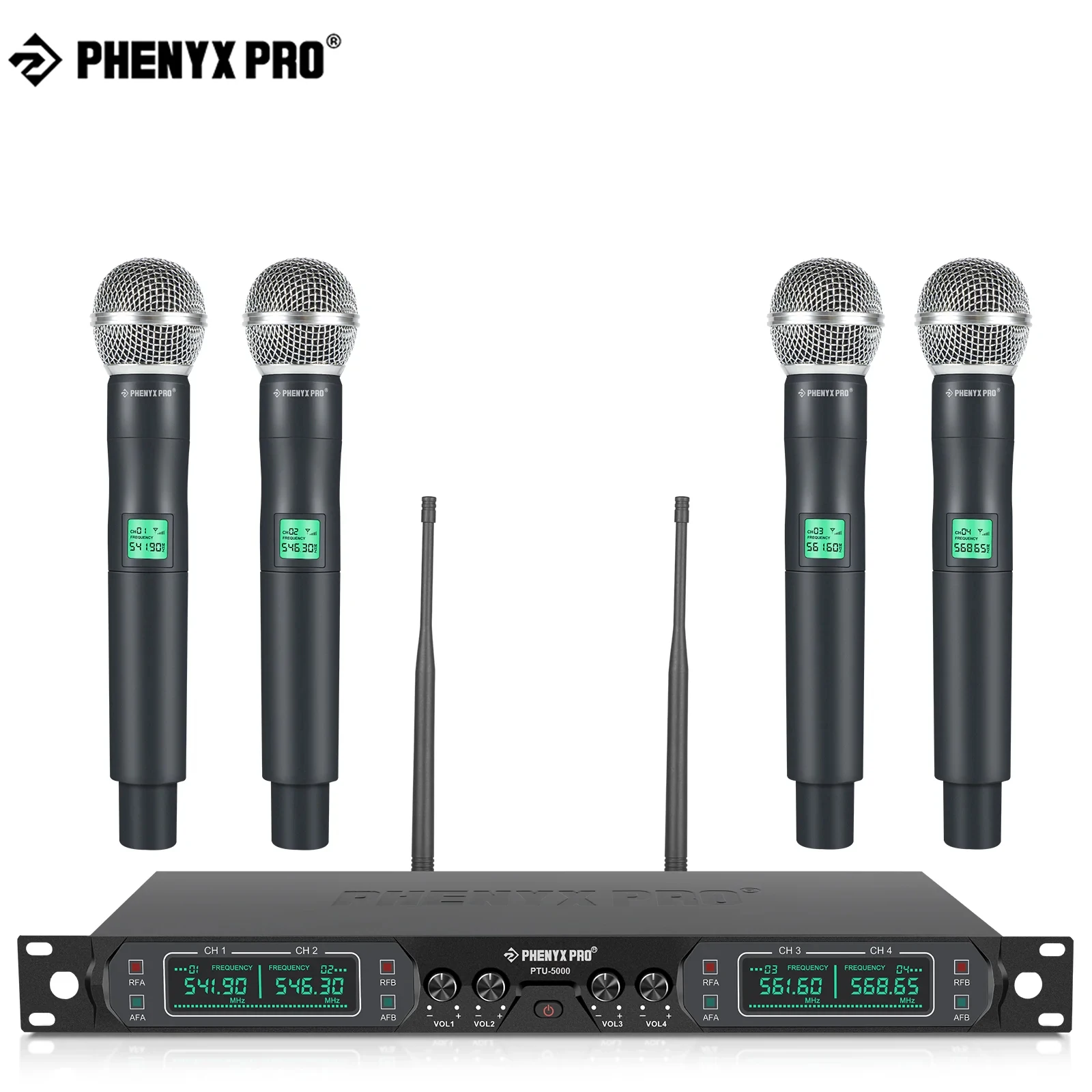 Phenyx Pro Wireless Microphone System Karaoke Home System 4-Channel UHF Professional  Speaker