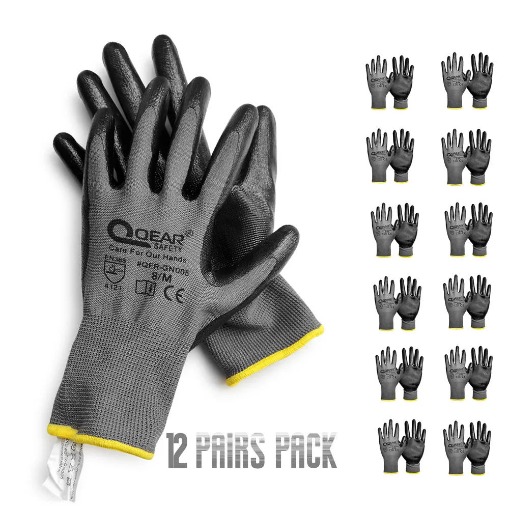 12 Pairs Pack Nitrile Rubber Coated Work Gloves, Multi-Function,Light-Weight,Good Abrasion,
