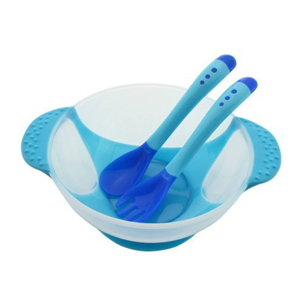 New 1Pcs/3set Baby spoon & Fork Dinnerware Suction Cup Assist Food Bowl Temperature Sensing Spoon Sets Baby Tableware T0002