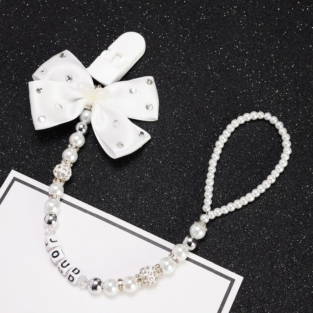 MIYOCAR Any name Bling silver rhinestone bow pink and sliver beads dummy clip holder pacifier clips holder/Teethers clip