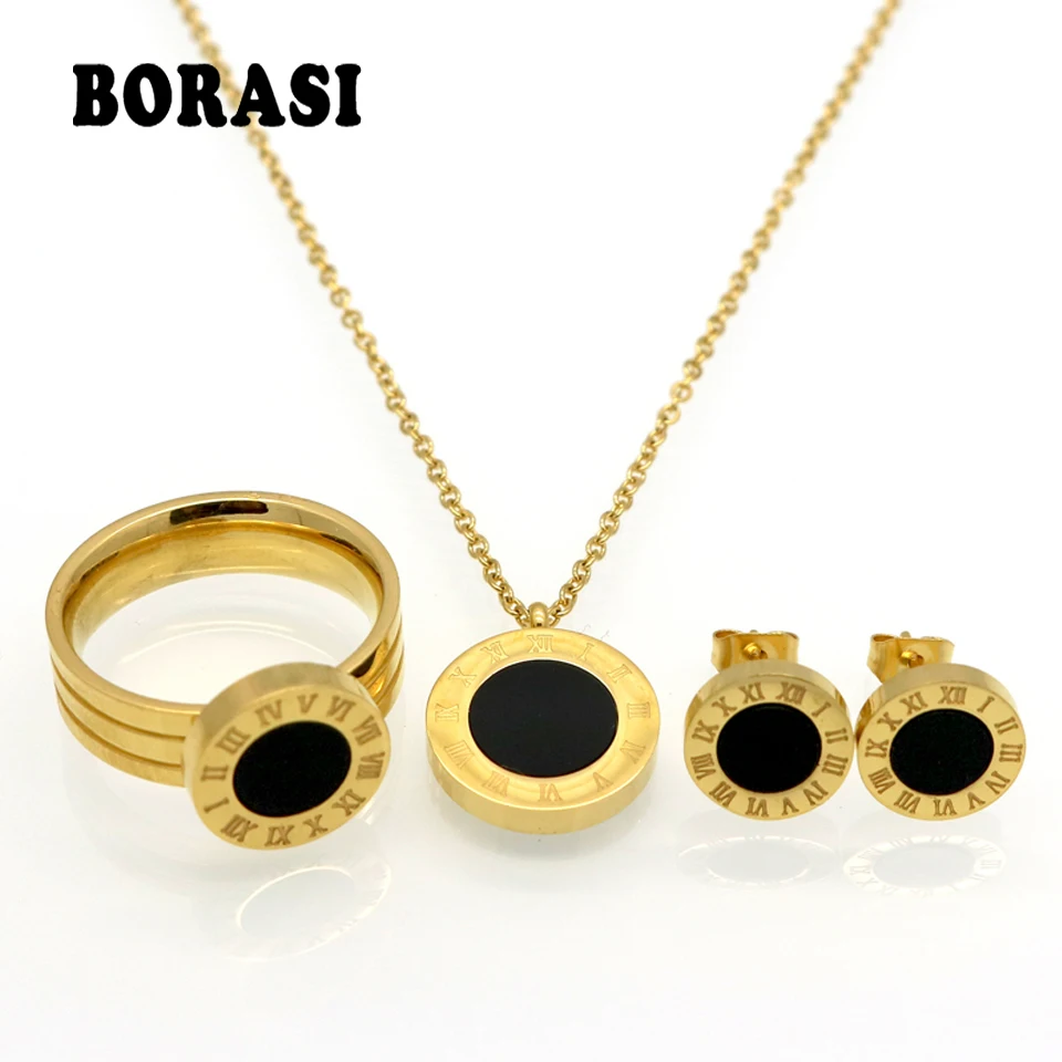 Fashion Women Brand Jewelry Roman Letter Gold Color Stainless Steel Pearl Shell Wedding Jewelry Sets