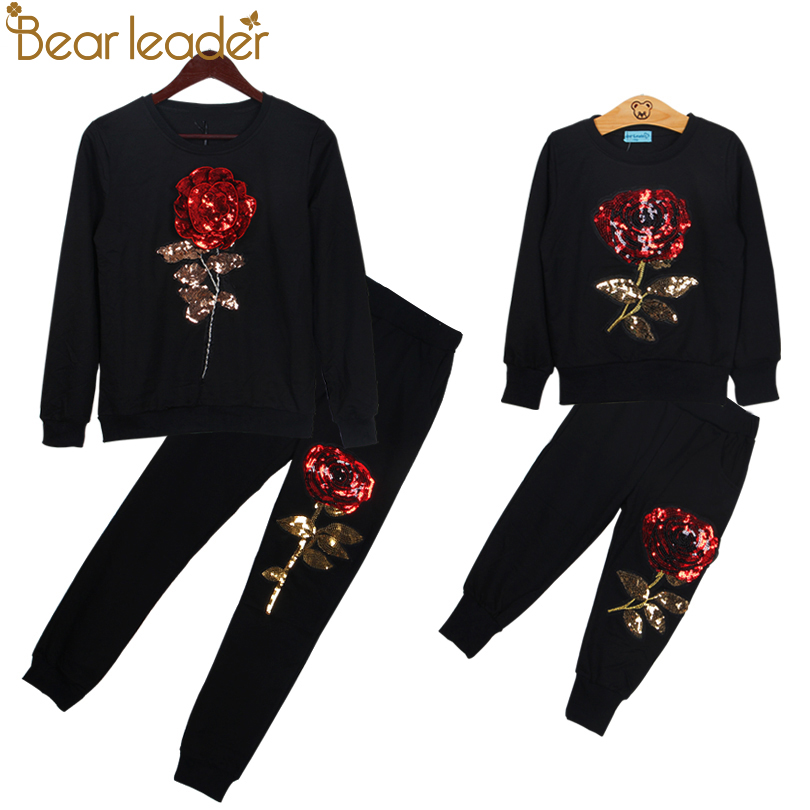 Bear Leader 2020 New Spring Style Family Matching Outfits Mother And Daughter Long Sleeve Rose Floral Sweatshirt+Pants 2Pcs Suit