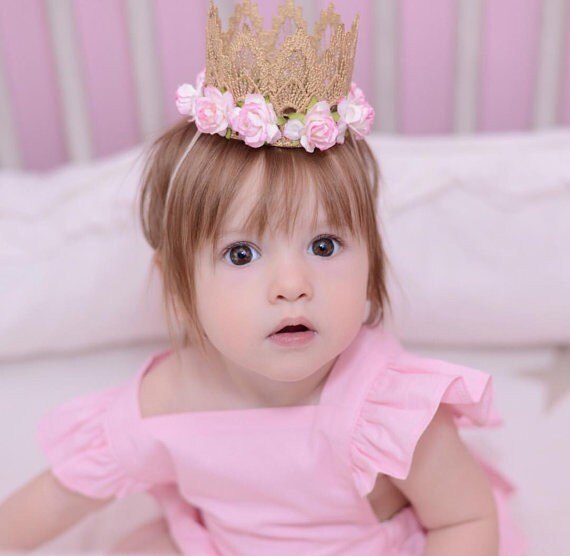 New Rose Flowers Gold Lace Crown Headband for Baby Hair Accessories Gold MINI Lace Crown for Newborn Photography Props
