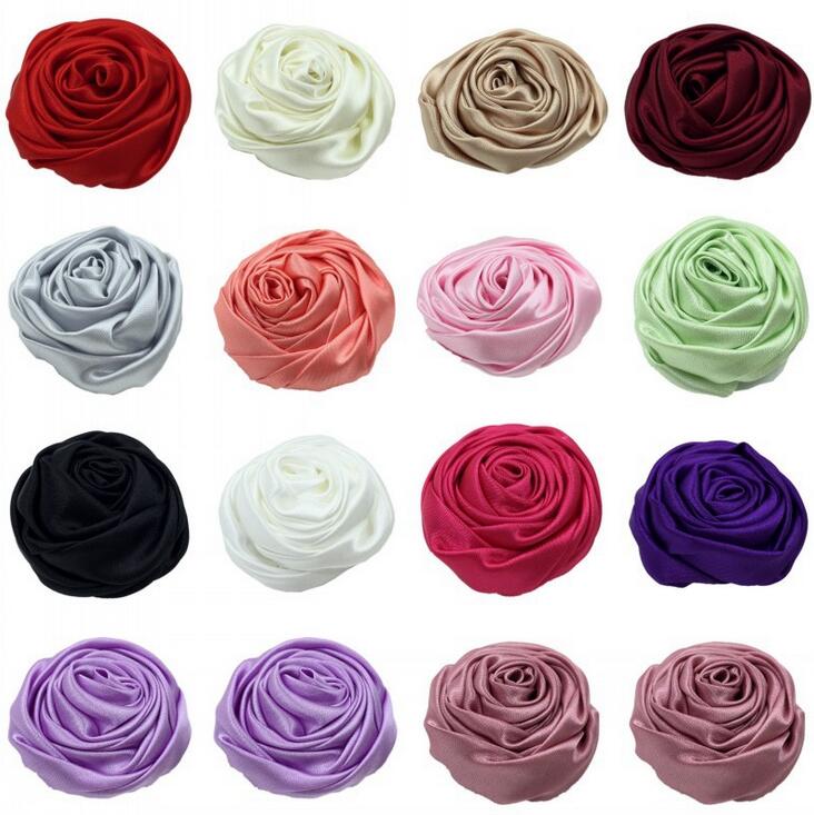 30pcs/lot 4cm 14colors Newborn Handmade Rolled Soft Satin Rose Flowers Artifcial Solid DIY Fabric Flowers For Baby Headbands