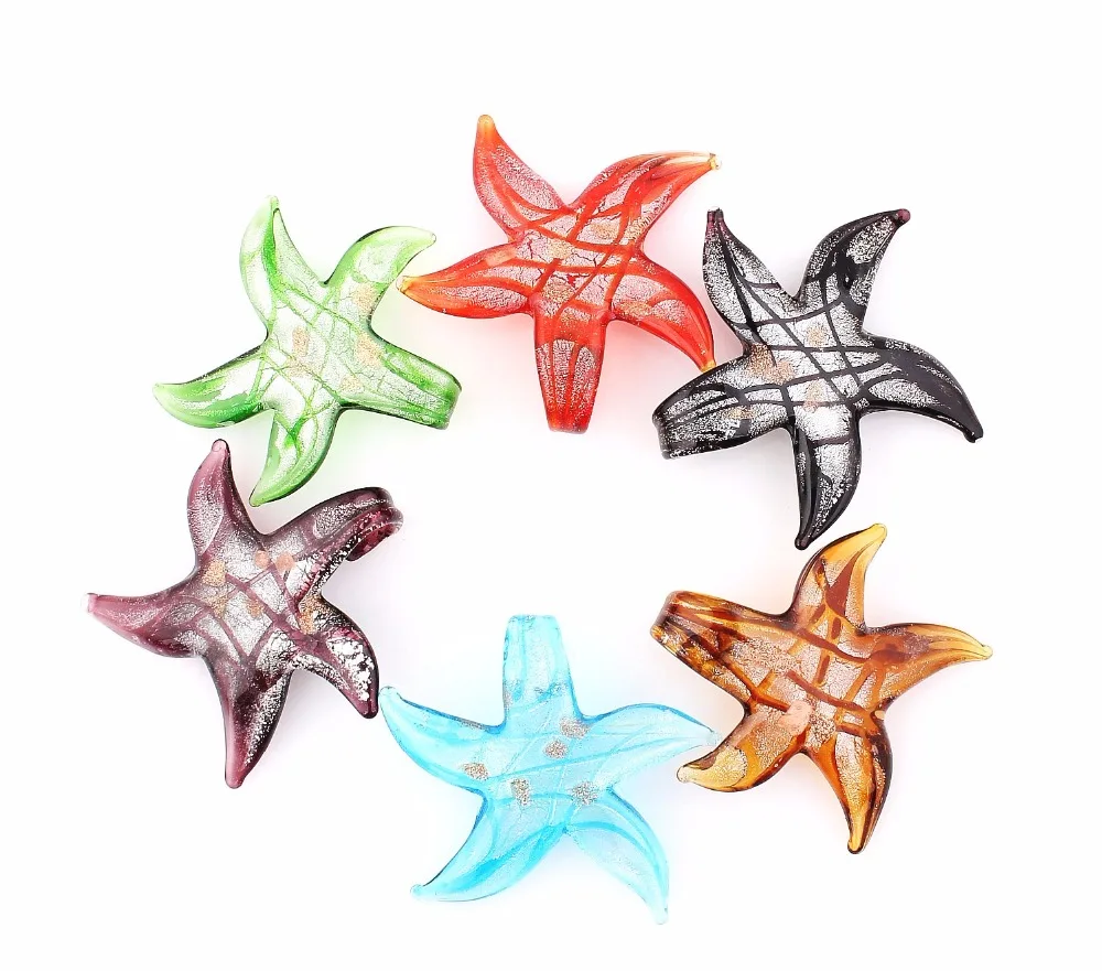 Fashion Beauty Wholesale 6pcs Handmade Murano Lampwork Glass Mix Color Reticular Starfish Pendants