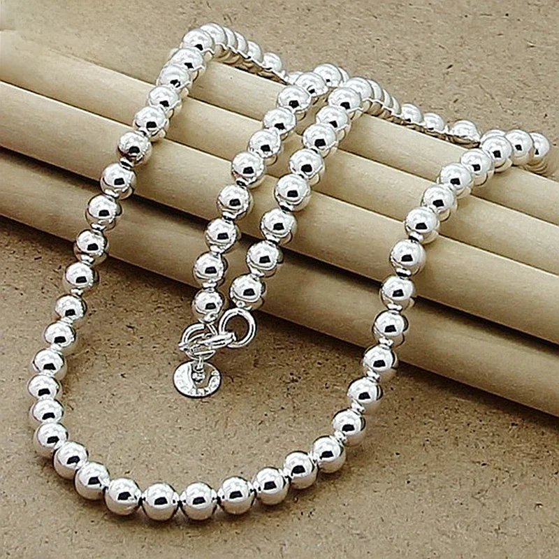 DOTEFFIL 925 Sterling Silver 6mm Smooth Beads Ball Chain Necklace For Women Trendy Wedding