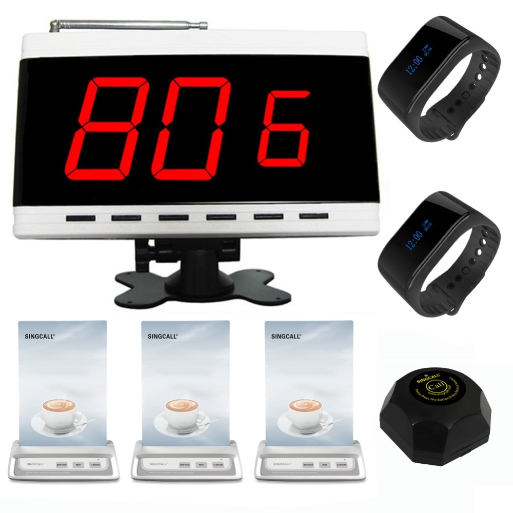 SINGCALL Wireless Calling System, Waiter-Calling-System 1 Fixed Receiver, 2 Bracelet Watches, 3 Table Call Button, 1 Pager