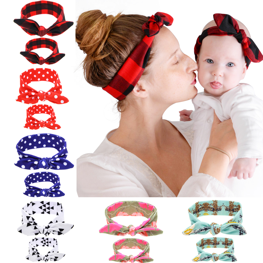 2PC/Set Mom Baby Rabbit Ears Hair Ornaments Tie Bow Baby Headband Hair Hoop Stretch Knot Bow Cotton Headbands Hair Accessories
