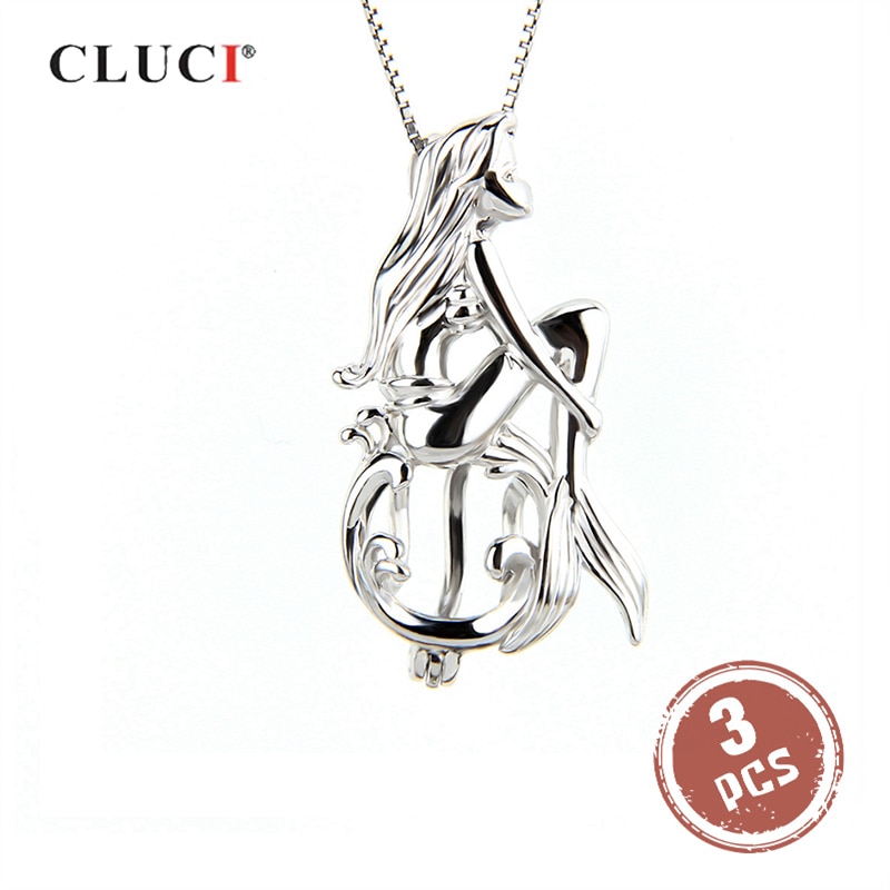 CLUCI 3pcs Cute Silver 925 Mermaid Shaped Cage Pendant for Necklace Women Fairy Tale 925 Sterling Silver Pearl Locket SC048SB