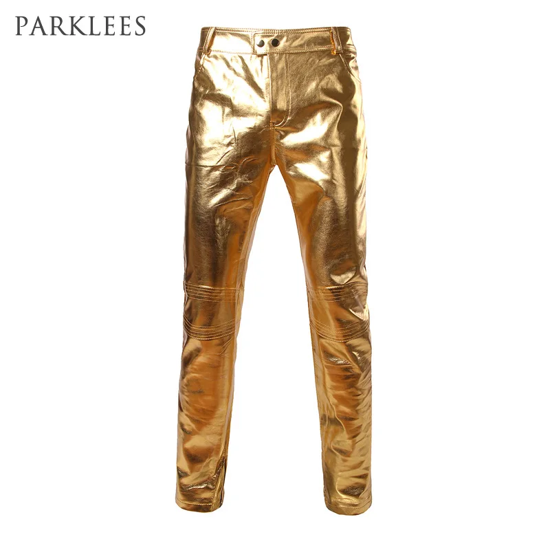 Motorcycle PU Leather Pants Mens Brand Skinny Shiny Gold Silver Black Pants Trousers Nightclub Stage