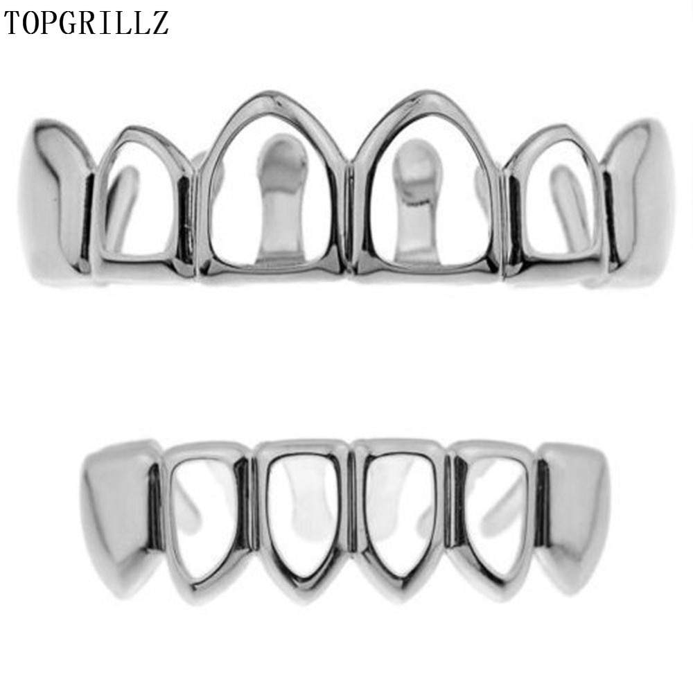 TOPGRILLZ Real New Fit Gold Color Plated Vampire Four Open Face Hollow Gold Grillz Set For Christmas Gift.Party