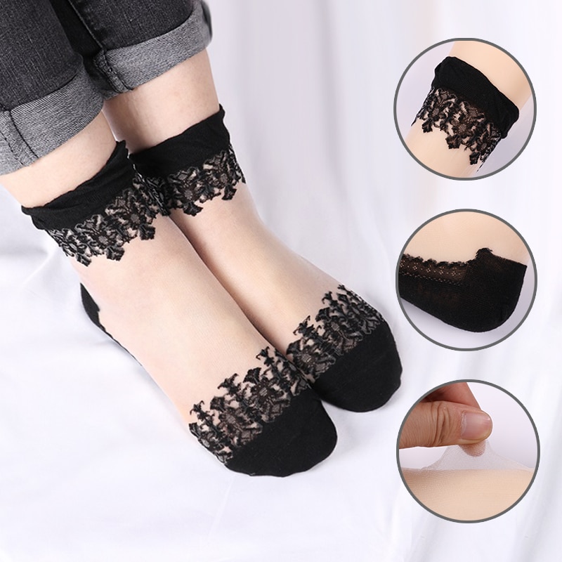 2022 Elastic Socks Crystal Glass Silk Ultrathin Lace Literary Sale 5 Pairs Summer Transparent Short Socks