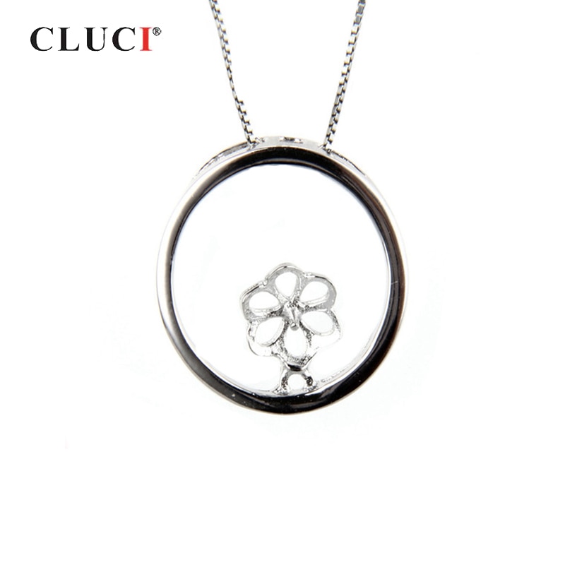 CLUCI 925 Sterling Silver Round Pearl Pendant Mounting for Jewelry Making Women Silver 925 Flower Charms Pendant Jewelry SP082SB