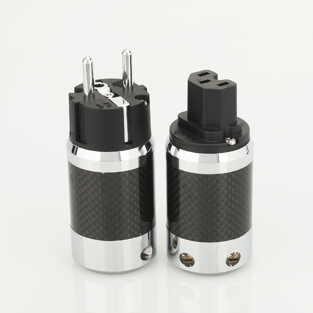 1pair X High Quality Hi-End EU Schuko Rhodium Plated Carbon Fiber AC Power Plug Connector extension adapter