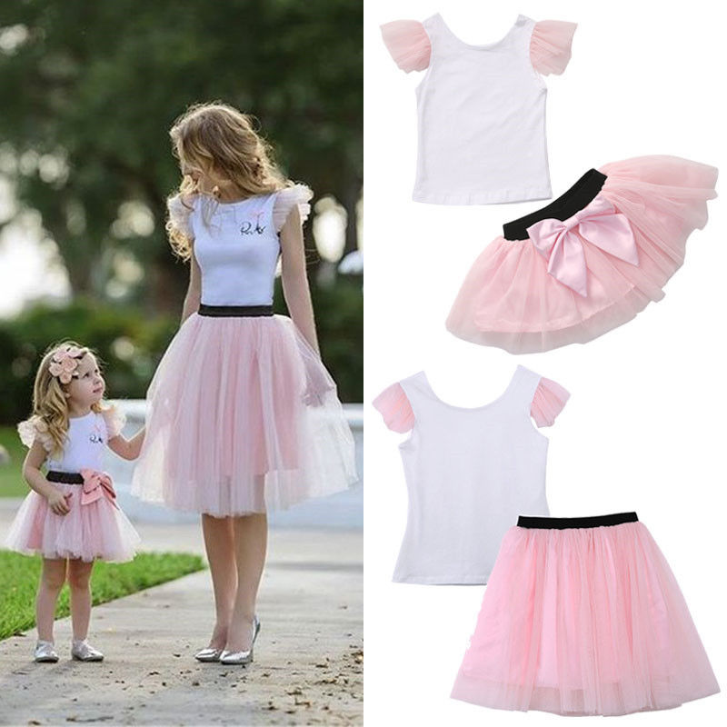 Super Cute Mom Girls Summer Casual Clothing Set T-shirt Skirt Tulle Dress Matching Outfits Family Set