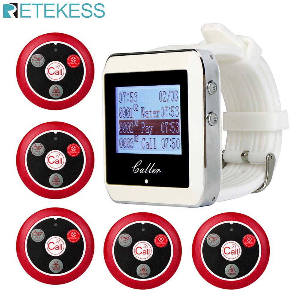 Retekess Restaurant Pager Wireless Calling System for Restaurant Office Bar Call Service Watch Receiver+5 Call Buttons F3288B