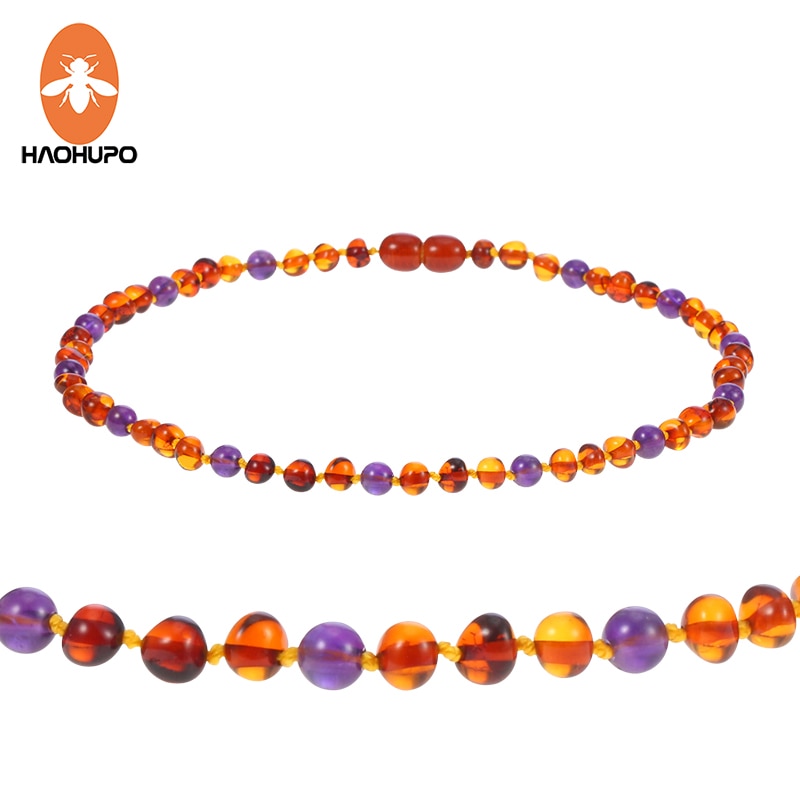 HAOHUPO Amber Teething Necklace Knotted Mix Round Natural Gemstone Beads Polished Natural Baltic Amber Jewelry for Baby Women