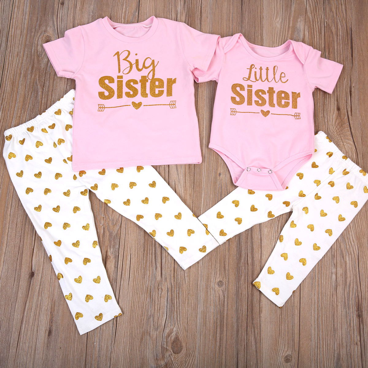 2PCS Set Sister Match Clothes 2017 New Big Sister T-shirt Tops Pant Little Sister Baby Bodysuit+Pant Heart Print Outfit Clothes