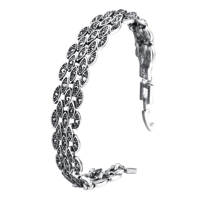 Kinel Bright Black Crystal Bracelet For Women Antique Silver Color Little Eye Link Bracelets Charm