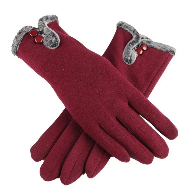 New Female Autumn Winter Non-Inverted Velvet Cashmere Full Finger Warm Lace Gloves Women Cotton