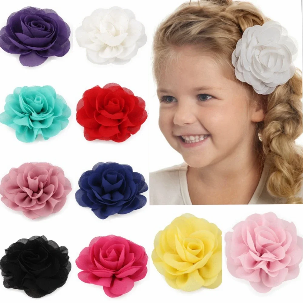 8.5cm Newborn Chiffon Petals Poppy Flower Hair Clips Rolled Rose Fabric Hair Flowers For Kids Girls