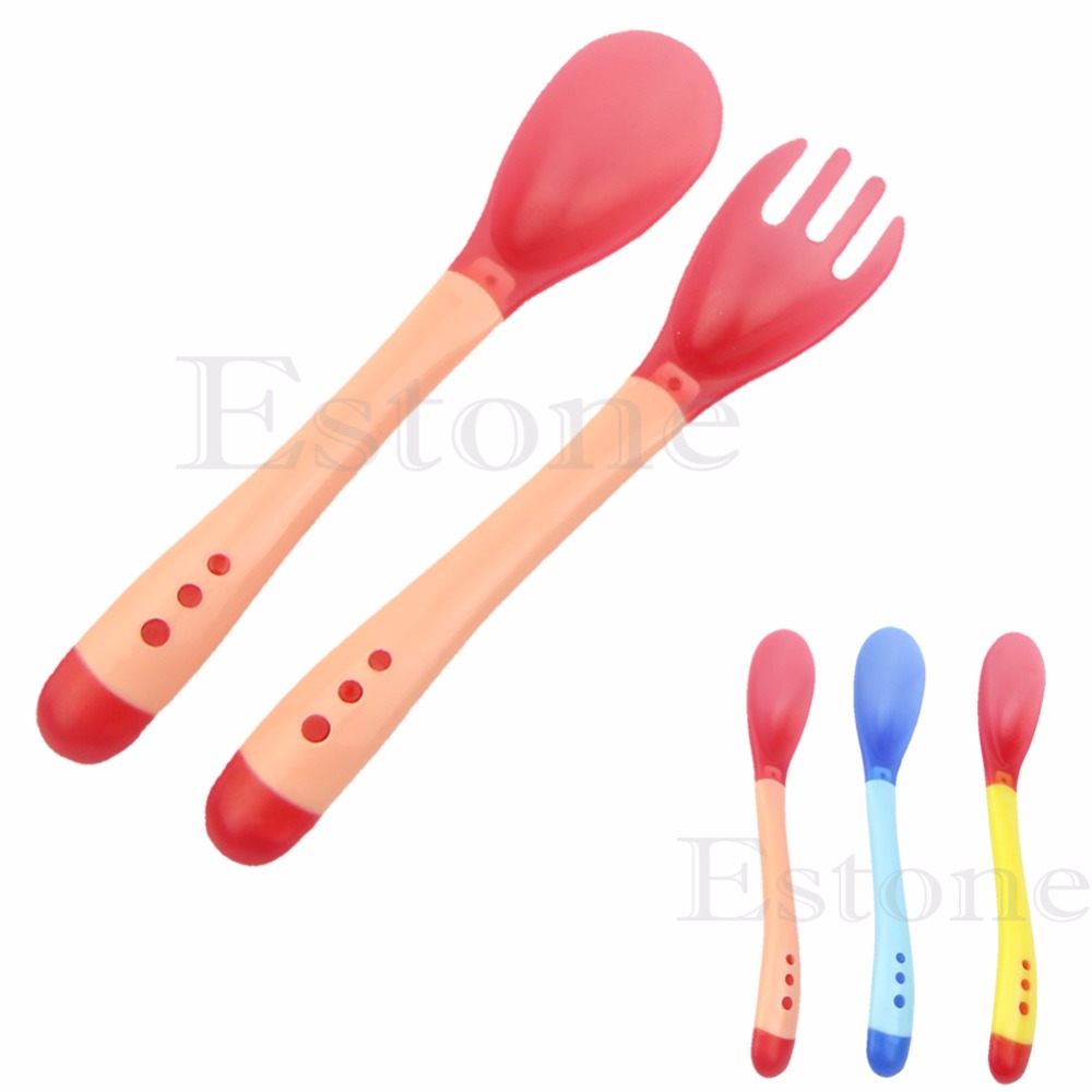 2pcs Handy Heat Sensing Thermal Spoon Baby Kids Weaning Silicone Head Tableware