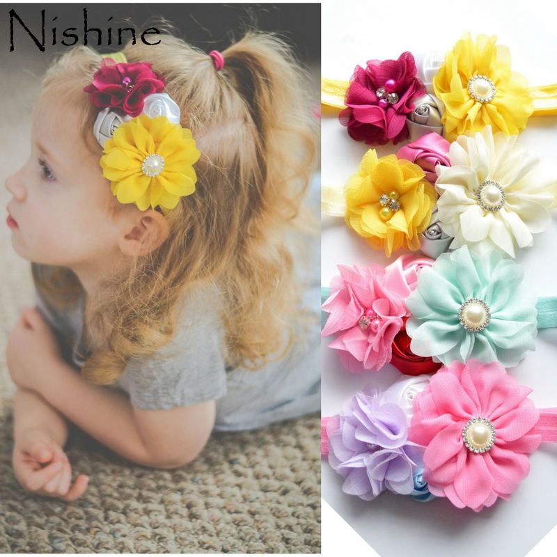 NISHINE New Baby Girl Headband Fabric Rose Flower Pearl Rhinestone Elastic Headbands Chiffon Flower Children Hair Accessories