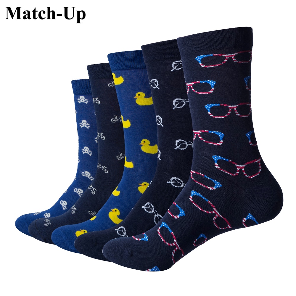 Match-Up Men Glasses Skull Pattern Cartoon Funny Colorful Cotton Socks (5 pairs/lot )