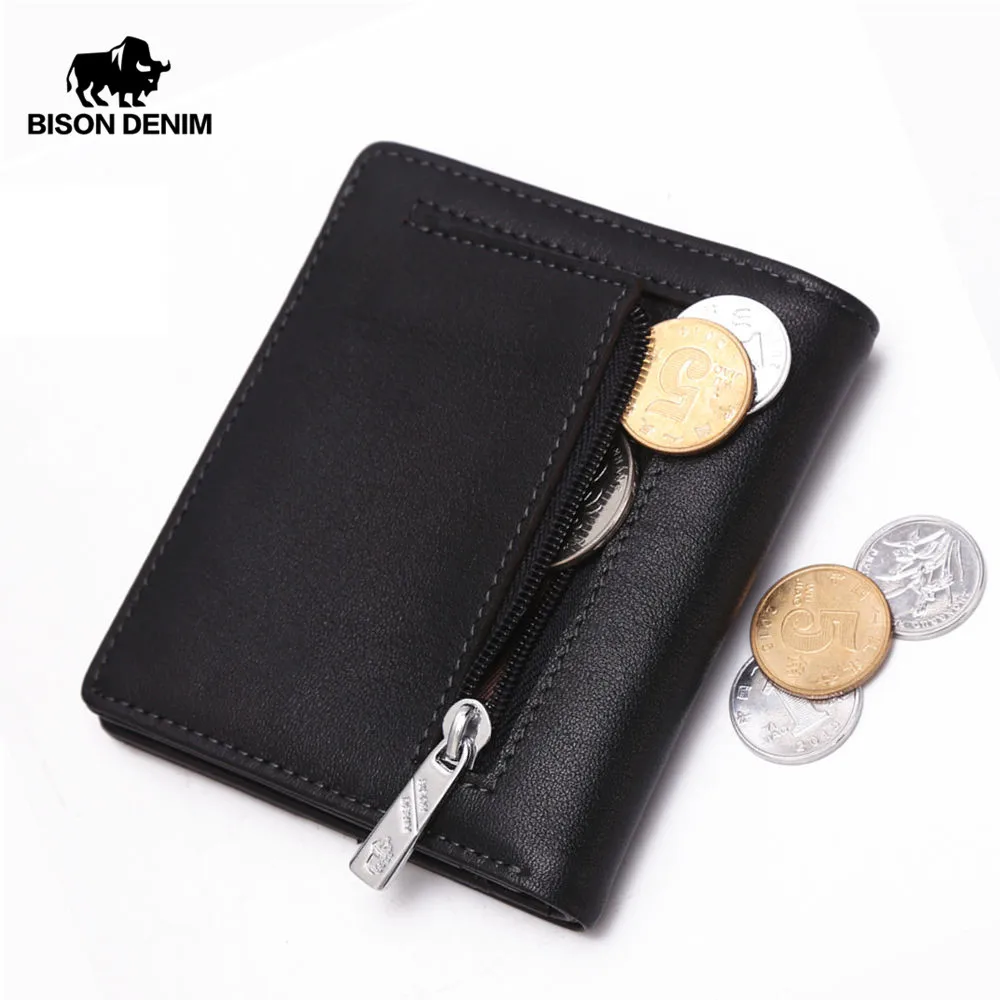 BISON DENIM Fashion Purse Men's Genuine Leather Wallet RFID Blocking Mini Wallet Male Card Holder