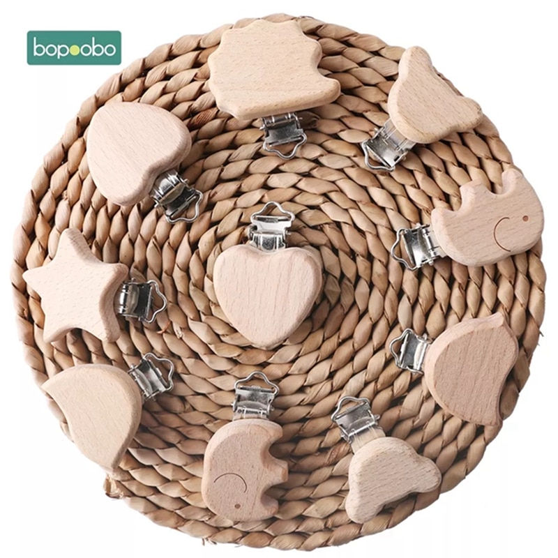 Bopoobo 2pc Woode Pacifier Baby Accessories Wooden Wooden Animal Pacifier Metal Clips Holder Heart Pacifier Wooden Baby Teether