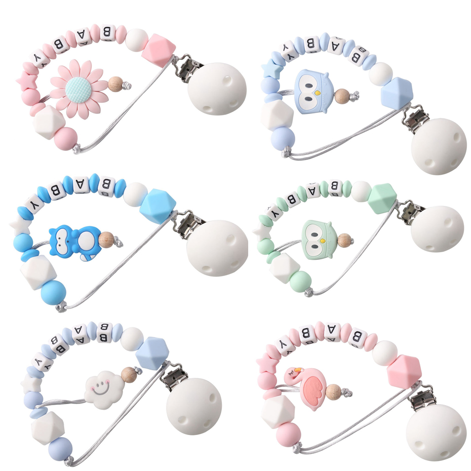 Let's make 1pc Personalized Name Dummy Clip Food Grad Silicone Chew Beads Round Teething DIY Baby Teething Pacifier Clips C