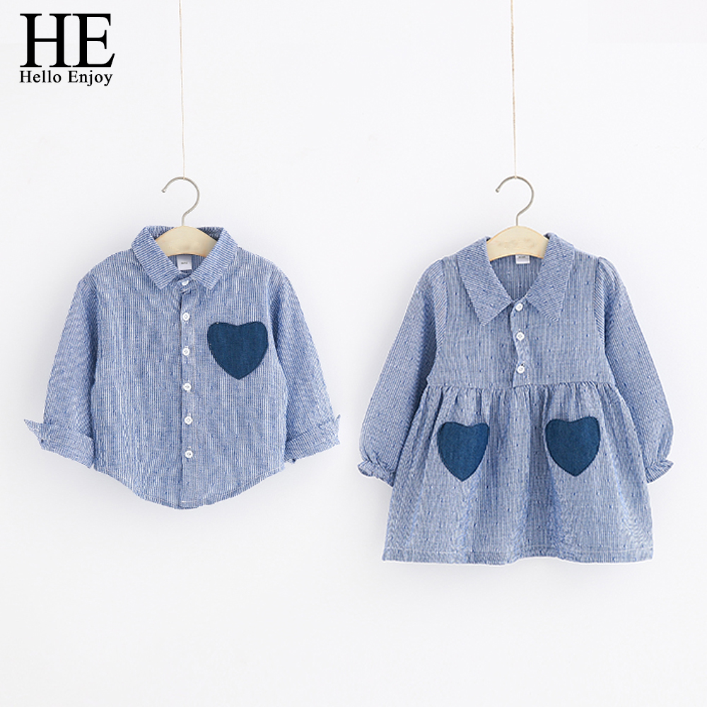 HE Hello Enjoy Family Matching Clothes Big-Sister-Little-Brother Shirts Long Sleeve Stripe Love Pocket Dress Family Look Outfit