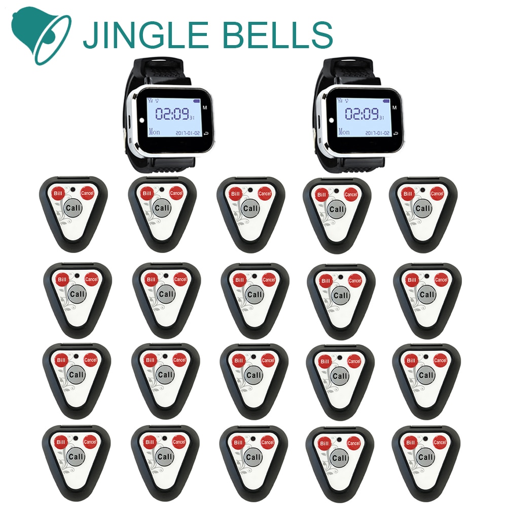 JINGLE BELLS Wireless Calling System 20 Button 2 Watch Pager for Hosptial, Cafe,Restaurant Equipment Paging Receiver