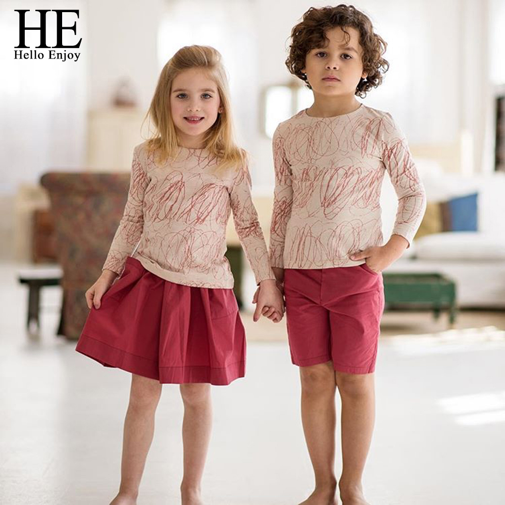 HE Hello Enjoy Family Clothing Sister And Brother Long Sleeve Print Graffiti T-shirt+Red Skirt&Shorts Family Matching Clothe