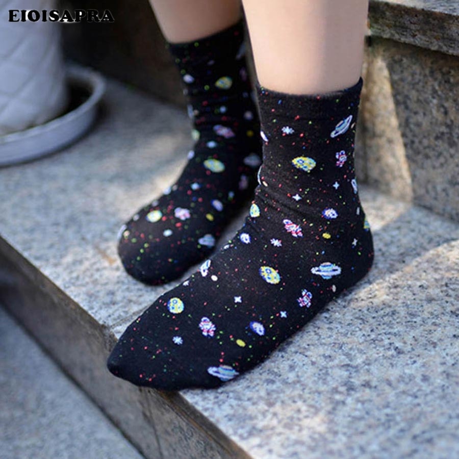 [EIOISAPRA]Cotton Women Space Astronaut Planet Socks Korean Women's Summer Fashion Socks Universe Novelty Short Funny Sokke