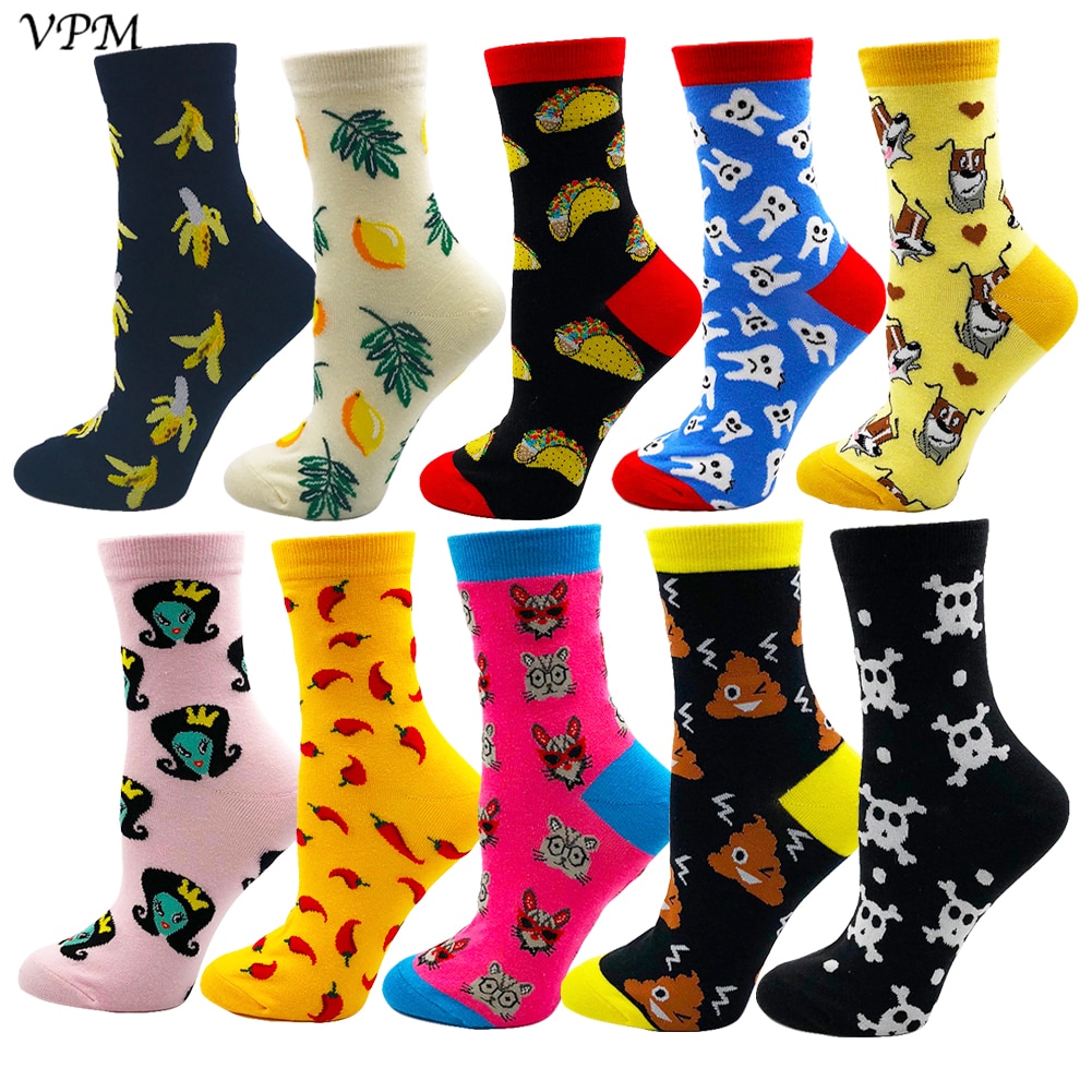 VPM New Cotton Women Crew Socks Cartoon Miss Universe Alien Cat Skull Elephant Chili Tooth Food Dog Pattern Funny Sock for Girl
