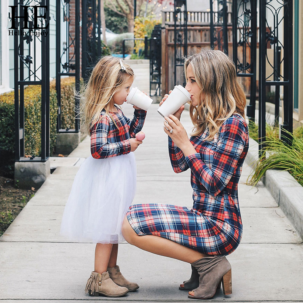 HE Hello Enjoy Mother Daughter Dresses Spring Autumn 2019 Matching Outfits Moms And Girls Clothes Long Sleeve Plaid Family Dress