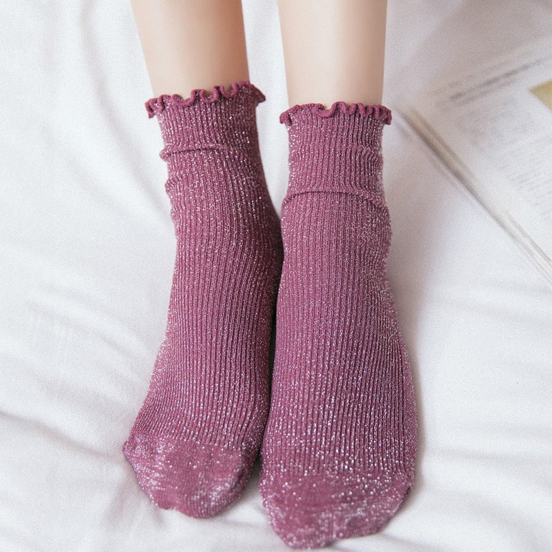 British Vintage Glitter Women's Socks Cotton Women Daily Basic Shining Rib Surface Sweet Socks Girls Summer Ankle Socks Wom